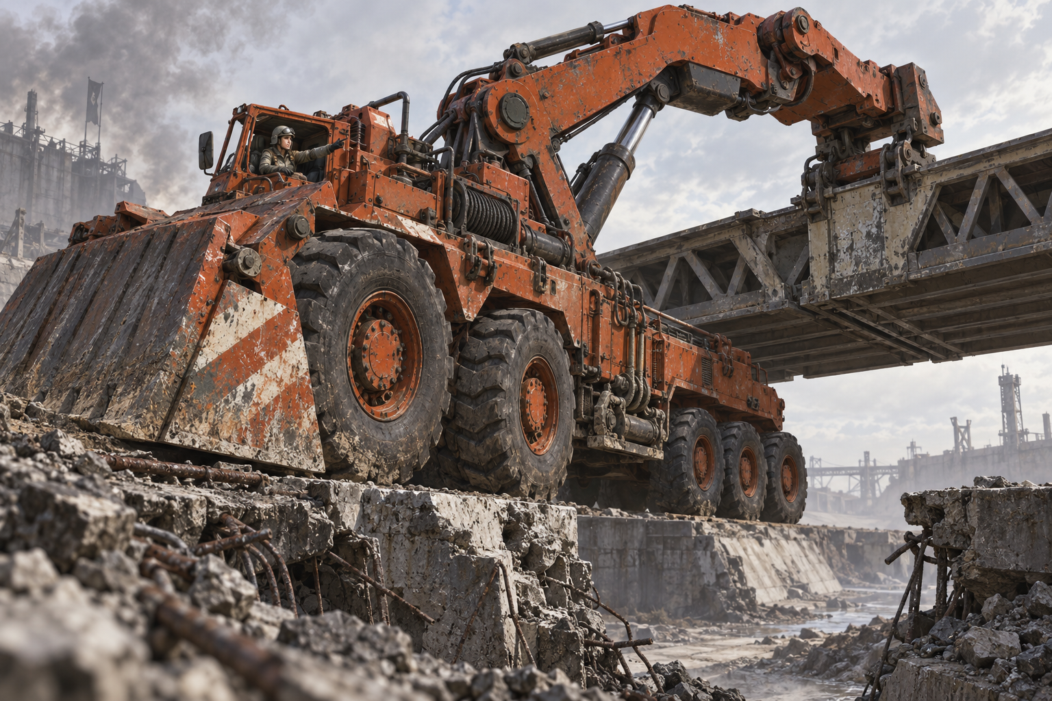 A heavy recovery vehicle placing a bridge across a battlefield