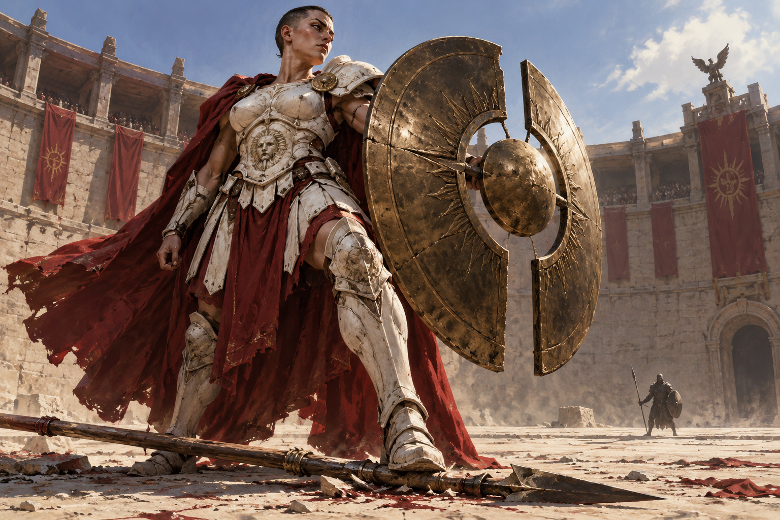 A bronze-shield champion in a sunlit arena