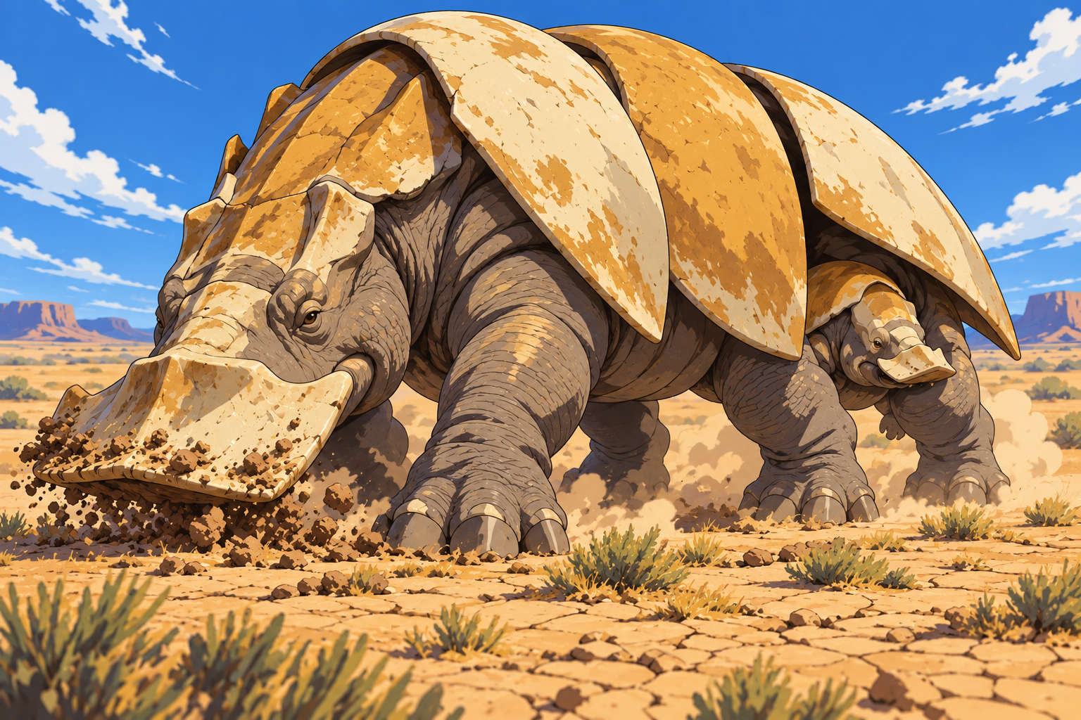 Earlier anime Armored Burrower: a detailed armored adult with a juvenile beneath its shell in a textured desert