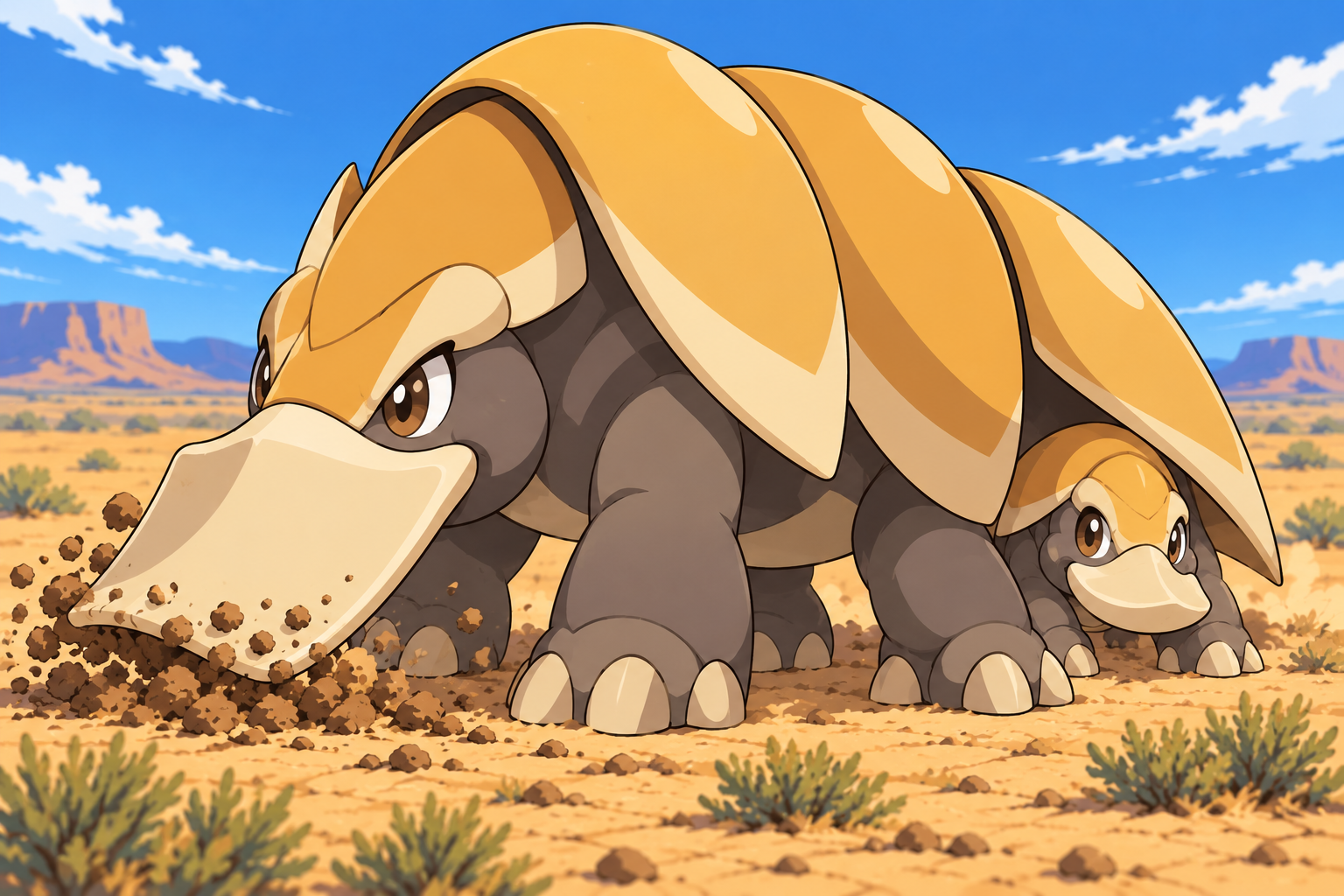 Previous simplified Armored Burrower: an adult and juvenile with exaggerated features in a still-detailed desert background