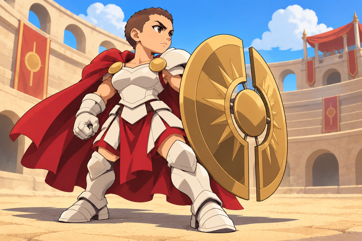 Newest Oathbound Defender with a visibly larger head and eyes, compact torso, large gauntlet and boots, and broad armor, standing in a layered arena with arches and banners