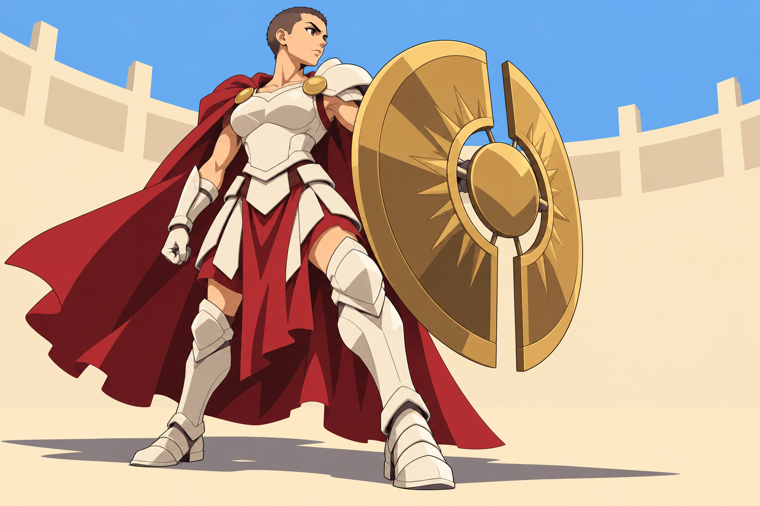 Prior simplified Oathbound Defender with mostly natural human proportions and a flat arena wall against a plain sky